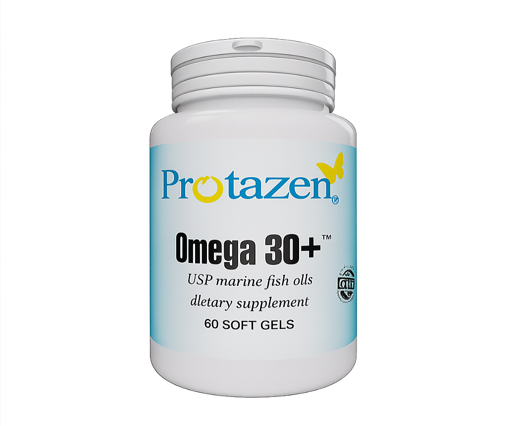 Protazen Omega 30+ dietary supplement bottle on a white background