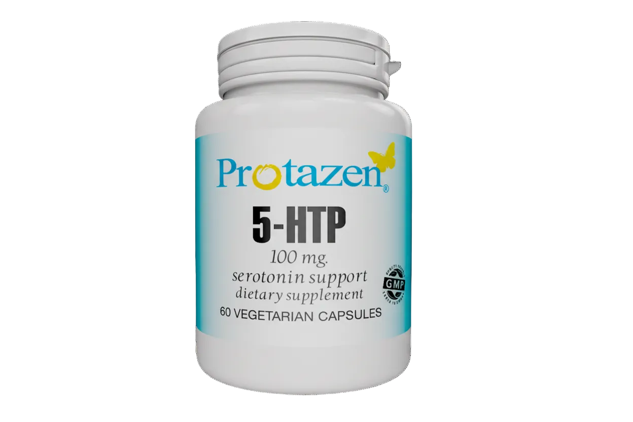 Protazen 5-HTP dietary supplement bottle on a white background